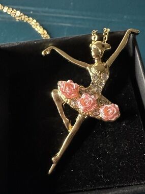 Gold Ballerina Pendant Necklace with Pink Rose Accents Elegant Design 🩰 Ballet